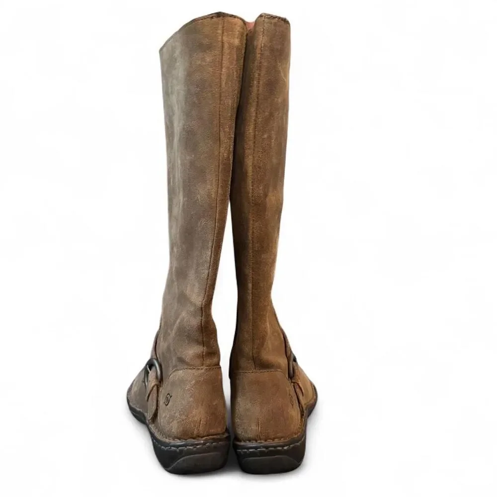 Born Knee High Boots Women’s 7 Brown Distressed Leather Buckle Tall Boots